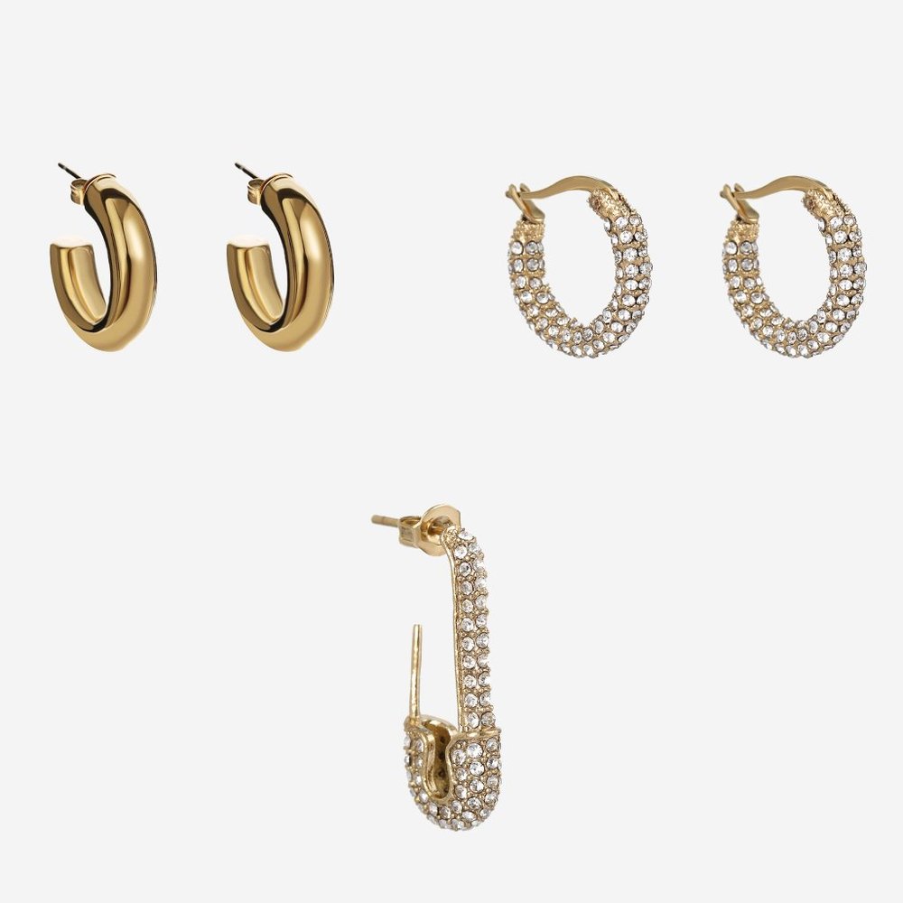 NEW set of 3 earrings from Naetur jewelry rhinestone pave gold hoops safety pin